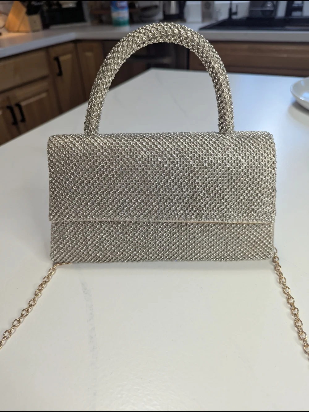 Jessica McClintock Remi Rhinestone Handle Bag Silver W/ Gold Tone Evening Clutch